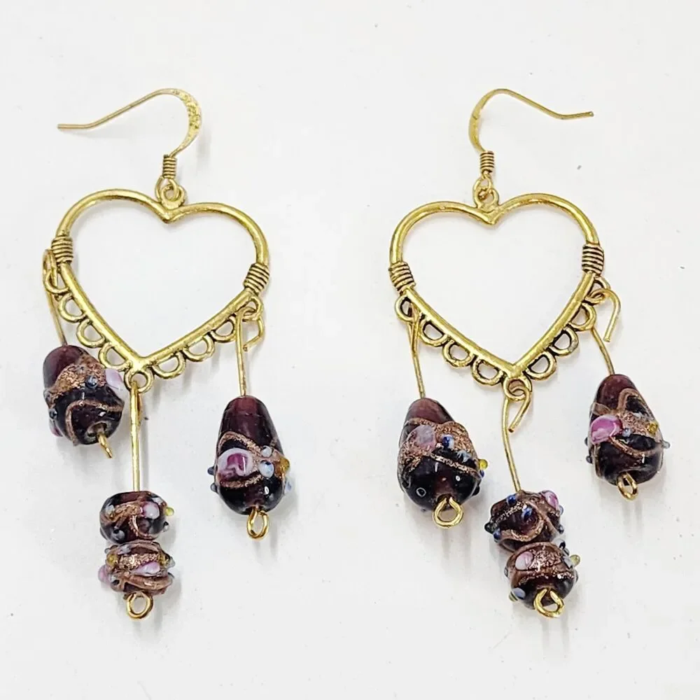 Artisan Heart Lamp Work Glass Beaded Purple Hook Gold Tone Dangle Earrings